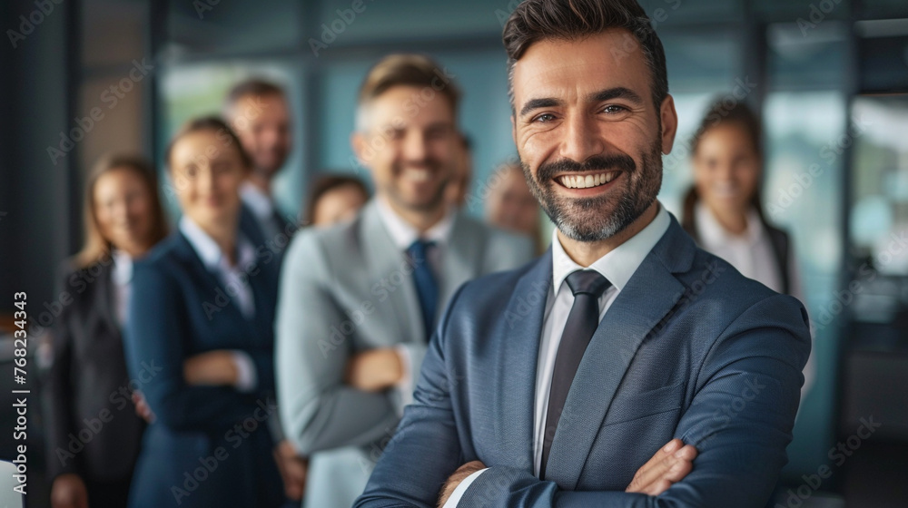 Smiling business team gathered together in office setting.