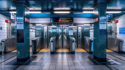 subway system with a photograph of turnstiles at the entrance of an empty station, providing blank space for design or advertising purposes, with a focus on the distinct character of each turnstile.