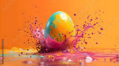 easter egg in a color explosion or splash on orange background © Prasanth