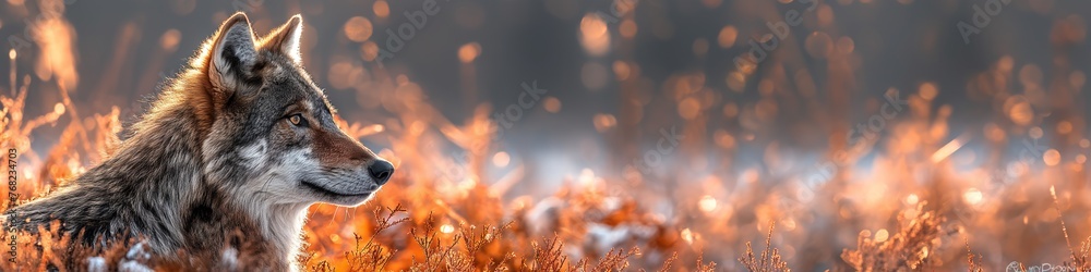 portrait of gray wolf canis lupus in summer field in forest portrait of gray wolf canis lupus in summer field in forest