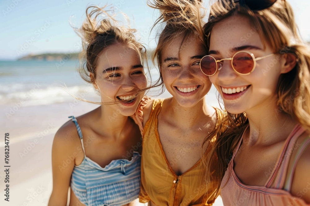 Three happy young girls take a selfie together on a bright sunny beach day Three happy young girls take a selfie together on a bright sunny beach day