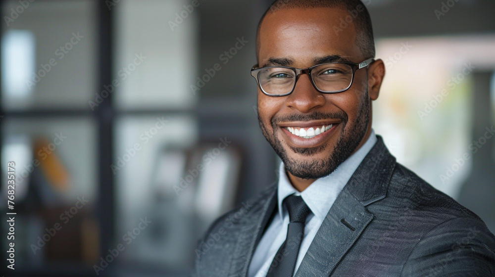 Smiling businessman radiates confidence in office setting.