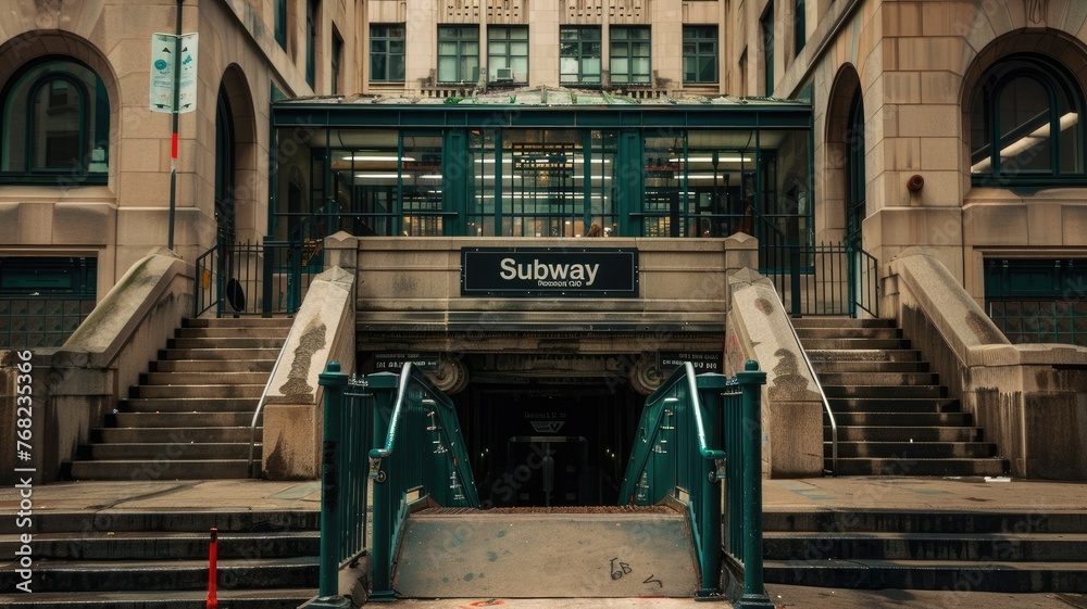 an empty subway station entrance, featuring green metal railings and a prominent Subway sign against a blank background, offering a clean and minimalist aesthetic.