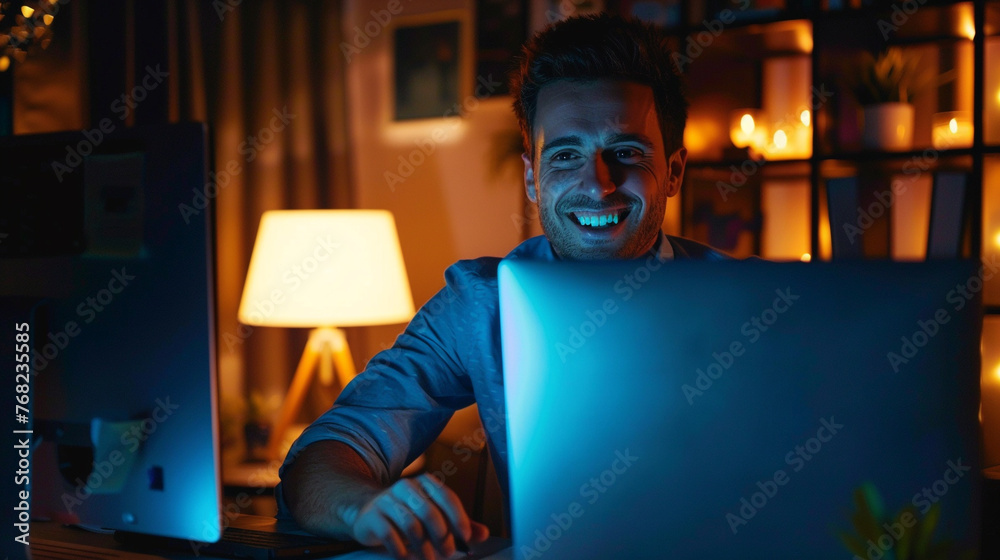 Smiling businessman working late in dark office. Smiling businessman working late in dark office.