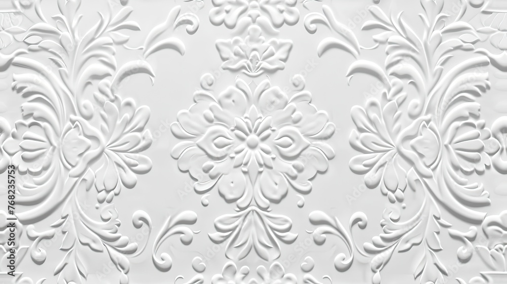 a stucco floral pattern on a wall within an elegantly decorated room. The image highlights the pattern's role in enhancing interior aesthetics. SEAMLESS PATTERN a stucco floral pattern on a wall within an elegantly decorated room. The image highlights the pattern's role in enhancing interior aesthetics. SEAMLESS PATTERN