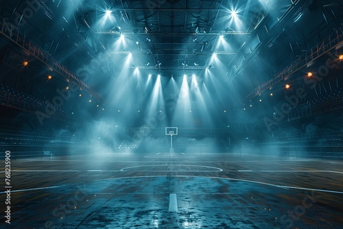 Explore an unpopulated basketball arena, stadium, or sports ground illuminated by dazzling flashlights, highlighting vacant fan seats that allude to the electric atmosphere poised  photo