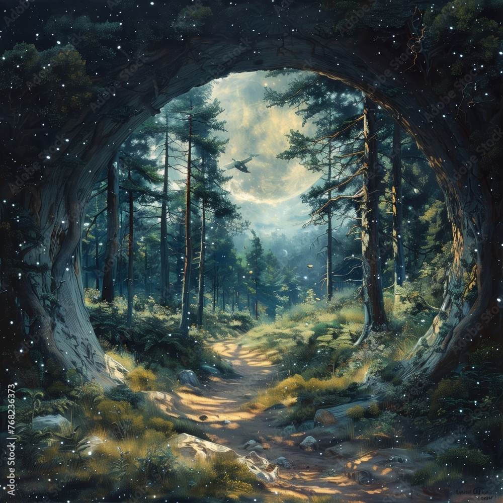 a painting of a path through a forest with a full moon in the background a painting of a path through a forest with a full moon in the background