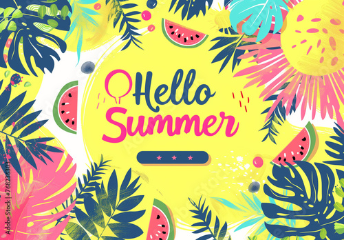 Wallpaper Mural A vibrant summer banner with the text "Happy Summer" in a bold, playful font on a lush yellow background filled with tropical elements such as palm trees and watermelon slices Torontodigital.ca