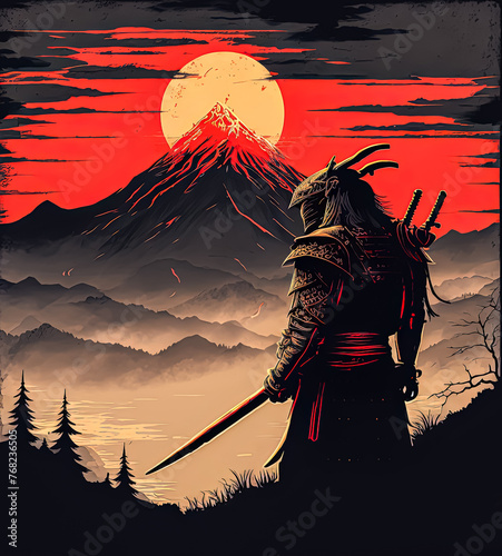 A samurai warrior stands on a mountain with a sword in hand.