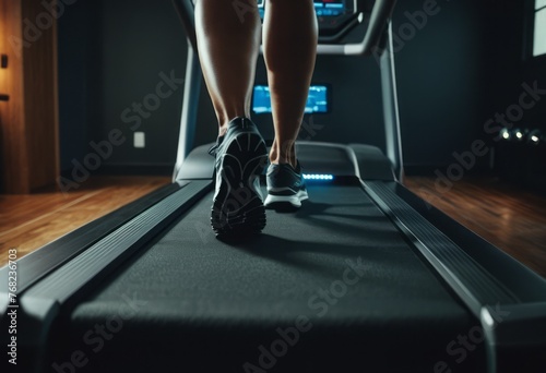 An individual runs on a treadmill in a modern gym setup. The focus on fitness and exercise is evident.
