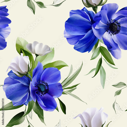 Seamless watercolor flowers pattern - white roses, blue anemones, green tropical leaves branches on beige background. Botanic Template design for wrappers, wallpapers, greeting cards, invites, events.