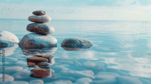 symmetrical balance  Stacked stones on the water  nature background  keep calm  copy and text space  16 9