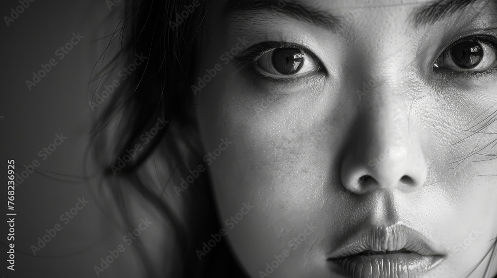 attractive young asian female / woman's face, Intense eye contact, high key lighting, black and white picture, 16:9