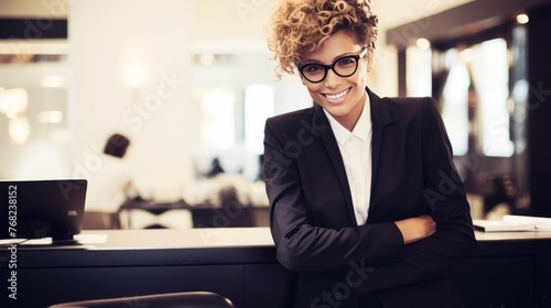 Happy smiling Business lady with long hair, banner, copy space