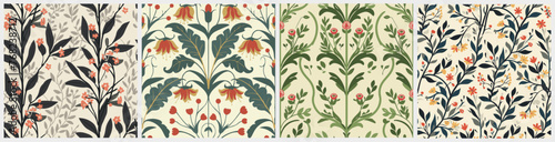 Set of botanical art nouveau delicate ornamental floral seamless pattern