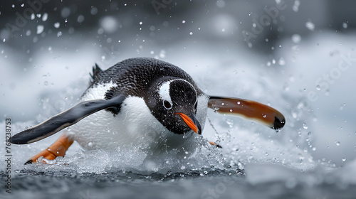 Penguin sliding on its belly across the ice