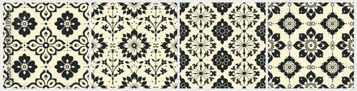 Set of baroque delicate ornamental floral damask tiles seamless pattern
