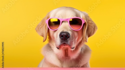 Dog wearing pink sunglasses on a yellow background.