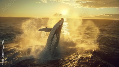 A magnificent humpback whale jumping out of the water in close-up