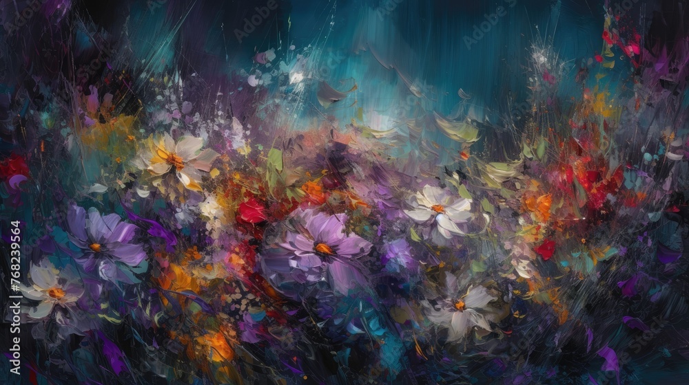 Abstract painting of flowers on a dark background.