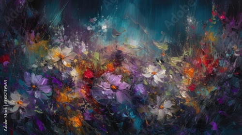 Abstract painting of flowers on a dark background.