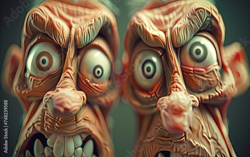 Close-up of two cartoon characters with smiling faces. A pair of elderly men with crazy expression on their faces. A creepy and disturbing theater scene. Puppet for theater or animation. Illustration.