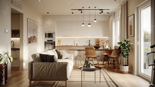 A spacious and airy studio apartment designed in Scandinavian style, with a living area showcasing trendy furnishings and a kitchen space detailed with modern touches, all bathed in warm pastel, white