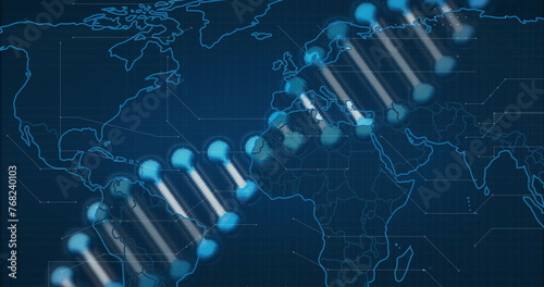 Image of dna strand over data processing and world map