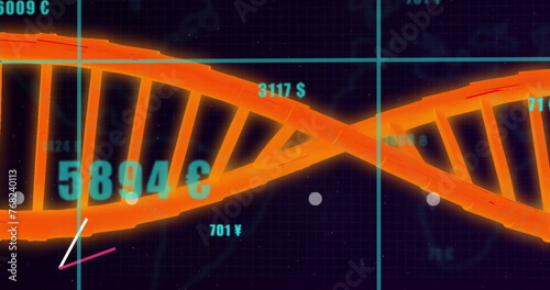 Image of dna strand over data processing