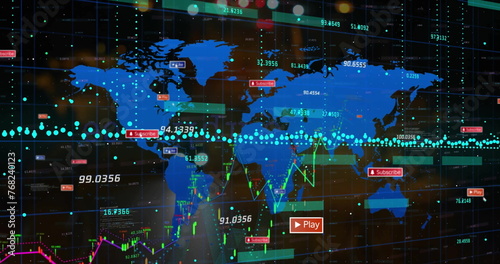 Image of social media notifications and data processing over world map