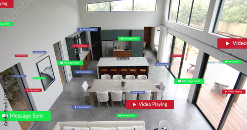 Image of social media notifications over empty, open plan kitchen and dining room