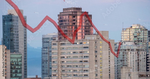 Image of red line and financial data processing over buildings