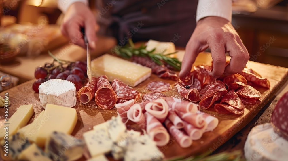 Hands arranging a variety of cured meats and cheeses on a wooden board. Gourmet charcuterie selection preparation in warm light