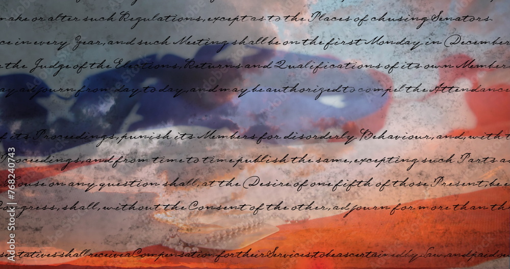 Fototapeta premium Digital image of written constitution of the United States moving in the screen with flag while back