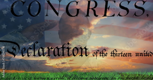 Digital image of written constitution of the United States moving in the screen and American flag wa