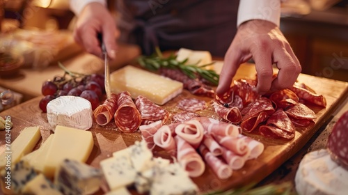 Hands arranging a variety of cured meats and cheeses on a wooden board. Gourmet charcuterie selection preparation in warm light