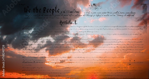 Digital image of written constitution of the United States moving in the screen with background of t
