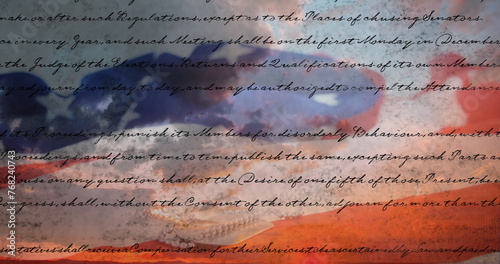 Digital image of written constitution of the United States moving in the screen with flag while back