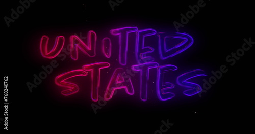 Digital image of blue and red gradient United States text while pink fireworks explodes against a bl