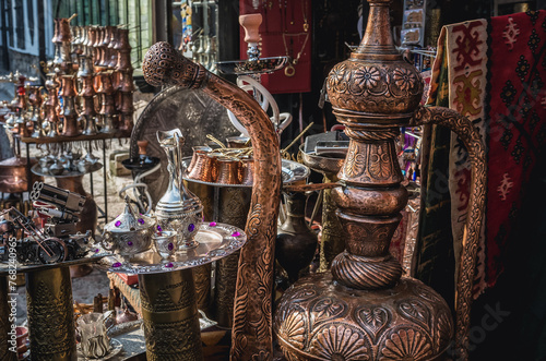 Coffee services on souvenirs stand on old bazaar in Sarajevo city, Bosnia and Herzegovina