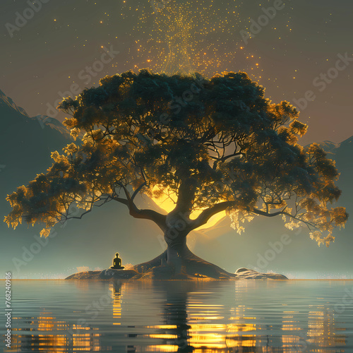 Buddha, Tree of knowledge, Tree of Life, Ethereal Akashic records, spiraling staircase, transformation and mysticism, occult	