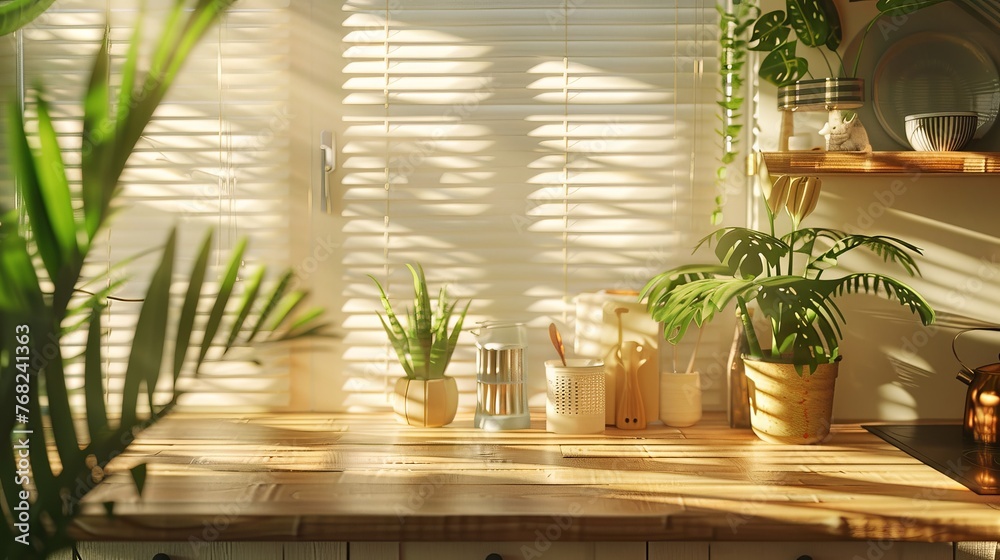 A sunny kitchen interior, accessorized with a wooden table and plants, reflecting a stylish and inviting ambiance A sunny kitchen interior, accessorized with a wooden table and plants, reflecting a stylish and inviting ambiance