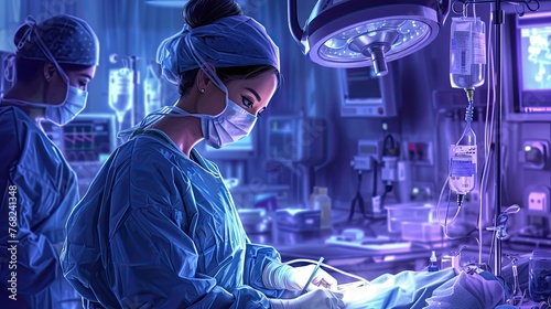 A female doctor performs surgery, showcasing skill and professionalism. Realistic digital illustration captures her focused expression and precise movements in the sterile operating room. 💉👩‍⚕️