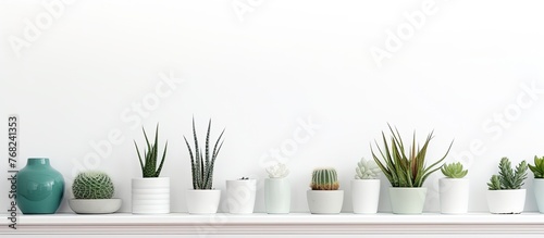 Assortment of various potted plants displayed neatly on a white shelf, showcasing different types of foliage and sizes