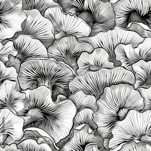 A collection of various flowers, displayed in black and white, showcasing intricate details and textures