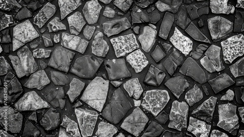 a black and white background composed of irregularly shaped stones, forming an abstract pattern with varying sizes and shapes, boasting a detailed and textured texture reminiscent. SEAMLESS PATTERN