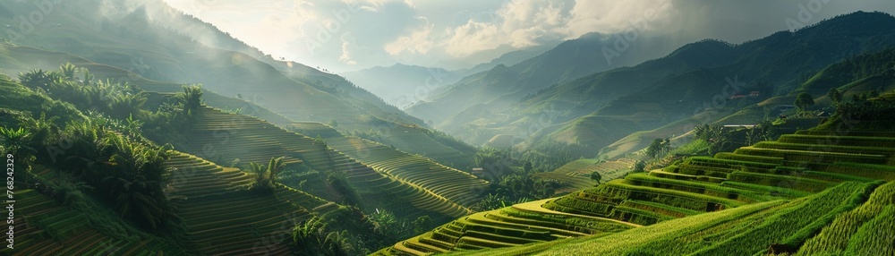 A Breathtaking view of terraced rice paddies carved into the mountainous landscape