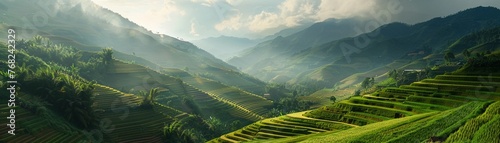 A Breathtaking view of terraced rice paddies carved into the mountainous landscape