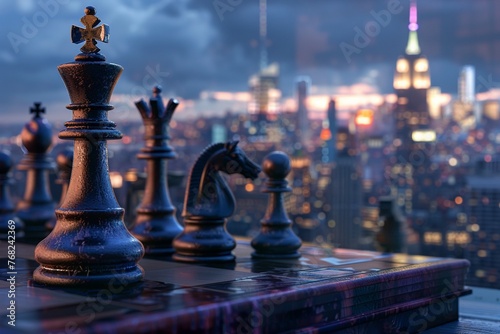 A Chess pieces on a board with a focused king piece