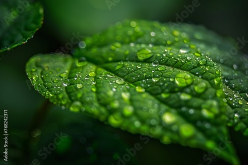 A close-up macro shot capturing the serene beauty of dew drops perfectly formed on the surface of a green leaf.